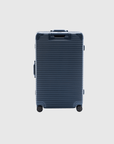 Navy Signature Series L Case, zipless design, 110L capacity, durable wheels, front view on a neutral background.