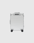 Apollo S Passenger Overhead suitcase in anodized aluminum, showcasing its sleek design and advanced wheels.