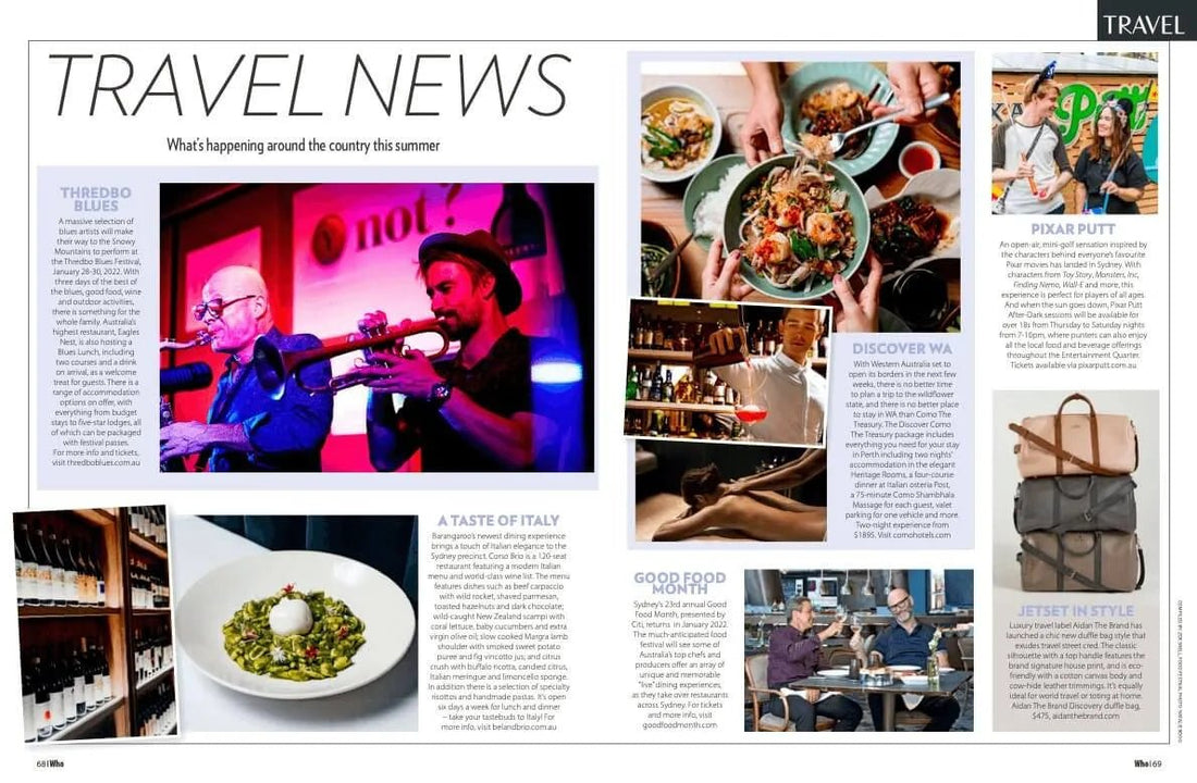 Travel news feature showcasing music events, food, and stylish travel accessories for summer adventures.