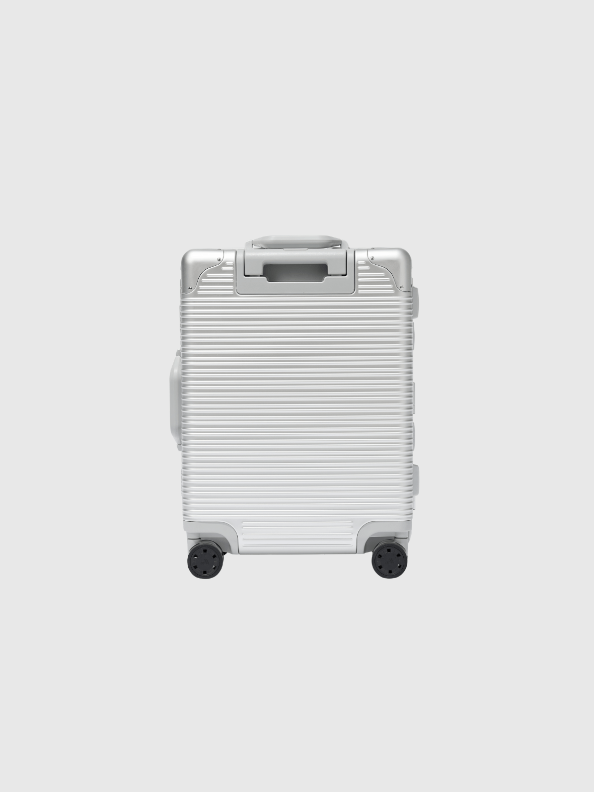 Apollo S Passenger Overhead suitcase in anodized aluminum, showcasing its sleek design and advanced wheels.
