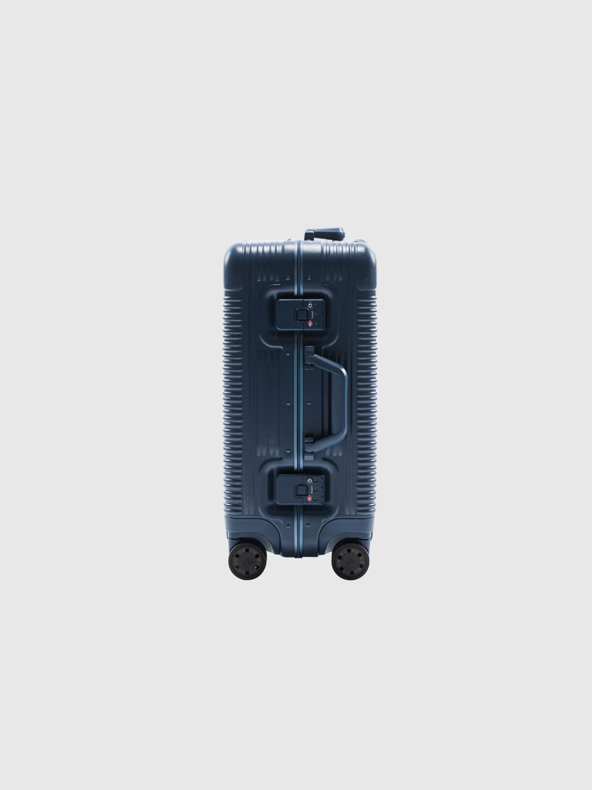 Rear view of The Signature Series S 'Advanced' Navy suitcase, showcasing its TSA-approved locking mechanism and durable design.