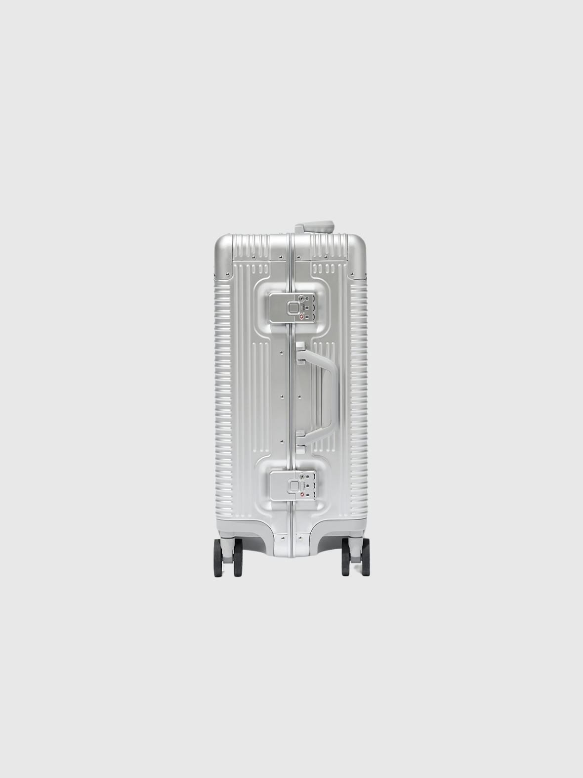 Apollo S Passenger Overhead suitcase rear view, showcasing premium anodized aluminum and advanced wheel design.