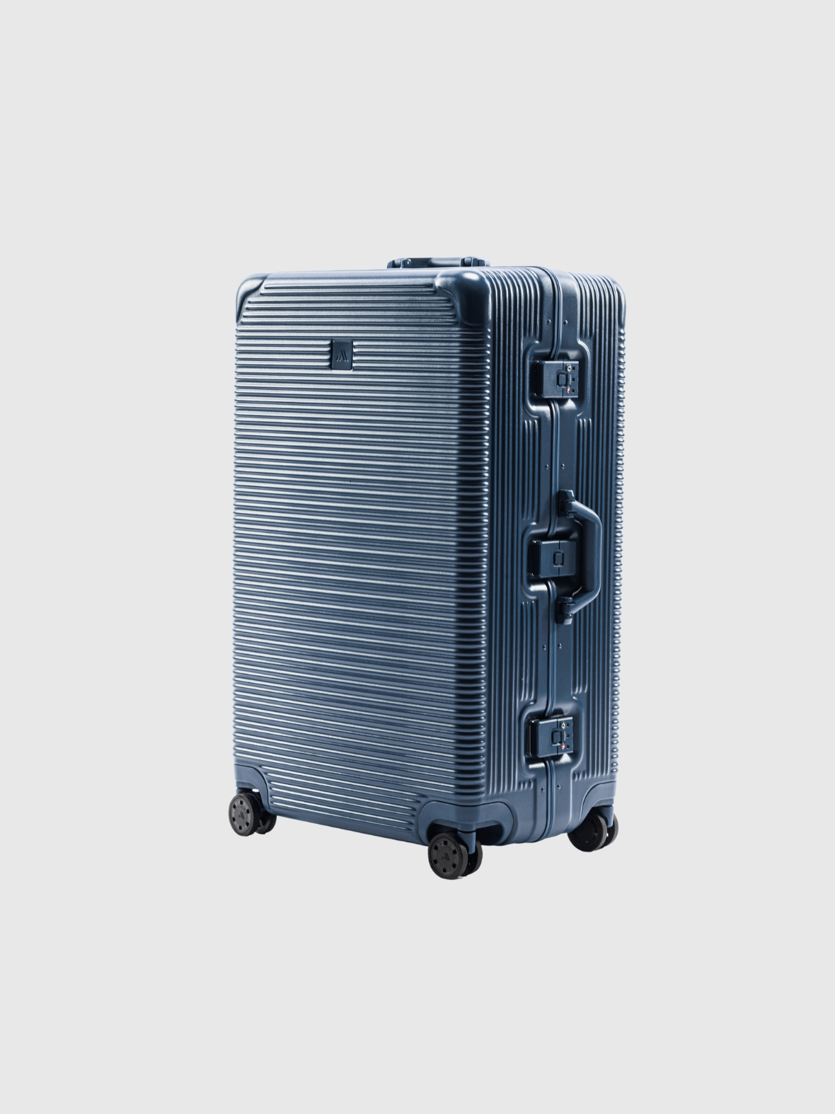 The Signature Series L 'Advanced' Navy suitcase, 110L capacity, designed for heavy packers with zipless functionality.
